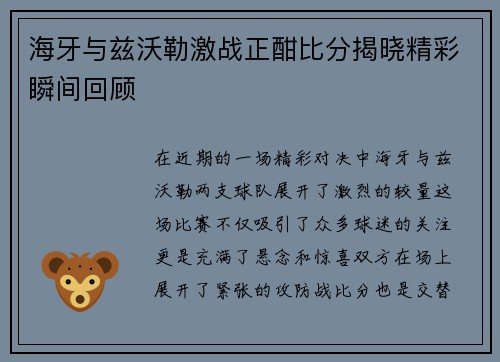 海牙与兹沃勒激战正酣比分揭晓精彩瞬间回顾